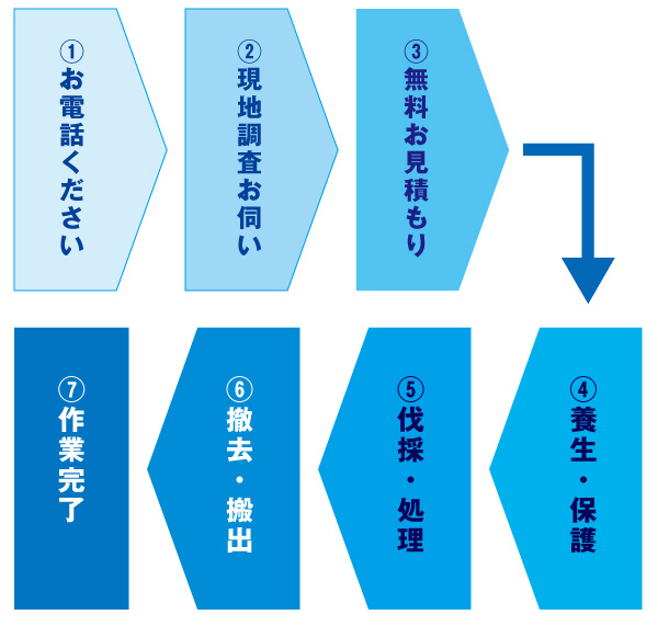 ①お電話ください②現地調査③無料お見積もり④養生、保護⑥撤去搬出⑦作業完了
